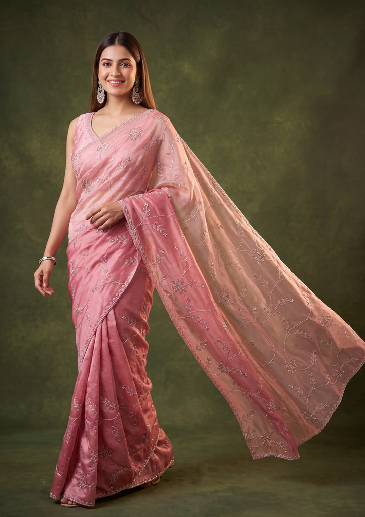 Onion Pink Tissue Gold Stonework Saree With Matching Blouse Piece