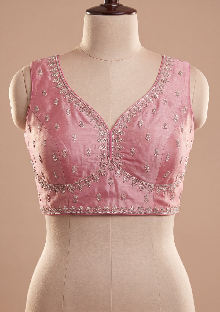 Onion Pink Tissue Gold Stonework Saree With Matching Blouse Piece