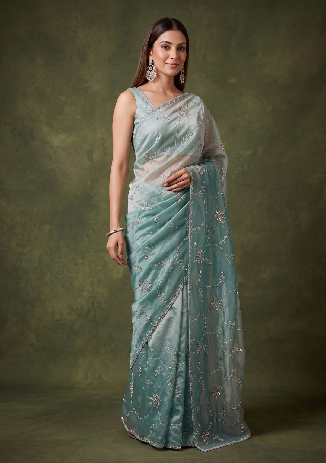 Sky Blue Tissue Gold Stonework Saree With Matching Blouse Piece