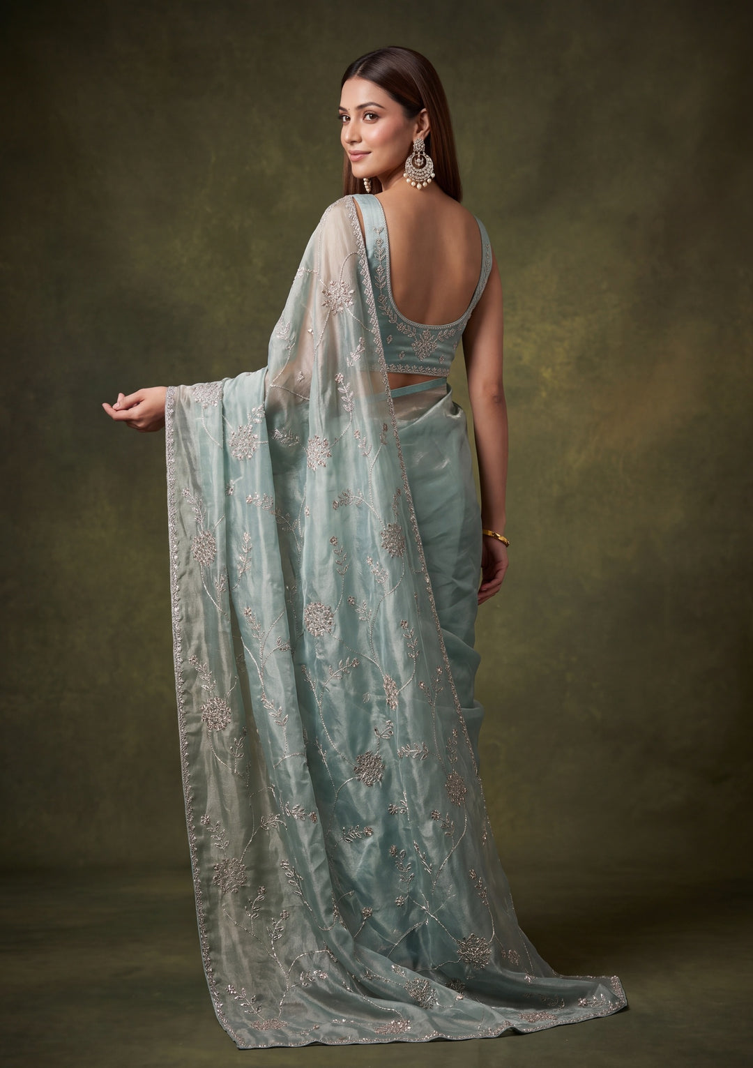 Sky Blue Tissue Gold Stonework Saree With Matching Blouse Piece
