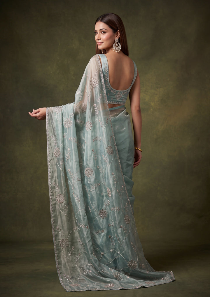 Sky Blue Tissue Gold Stonework Saree With Matching Blouse Piece