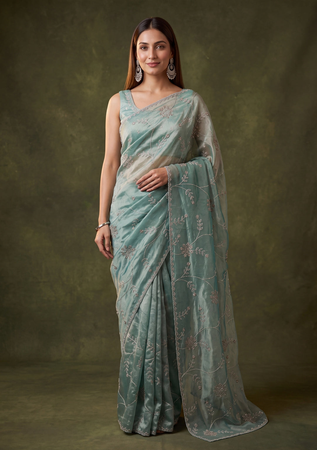 Sky Blue Tissue Gold Stonework Saree With Matching Blouse Piece