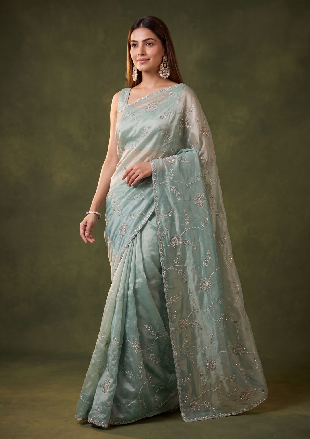 Sky Blue Tissue Gold Stonework Saree With Matching Blouse Piece