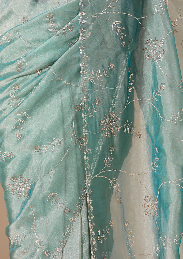 Sky Blue Tissue Gold Stonework Saree With Matching Blouse Piece