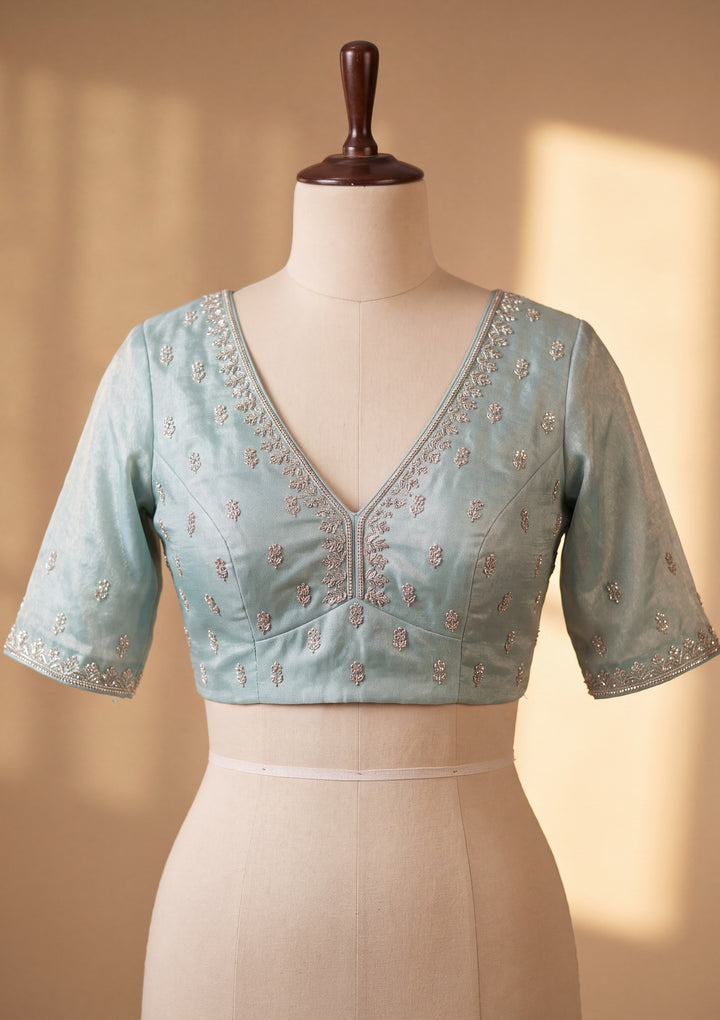 Sky Blue Tissue Gold Stonework Saree With Matching Blouse Piece