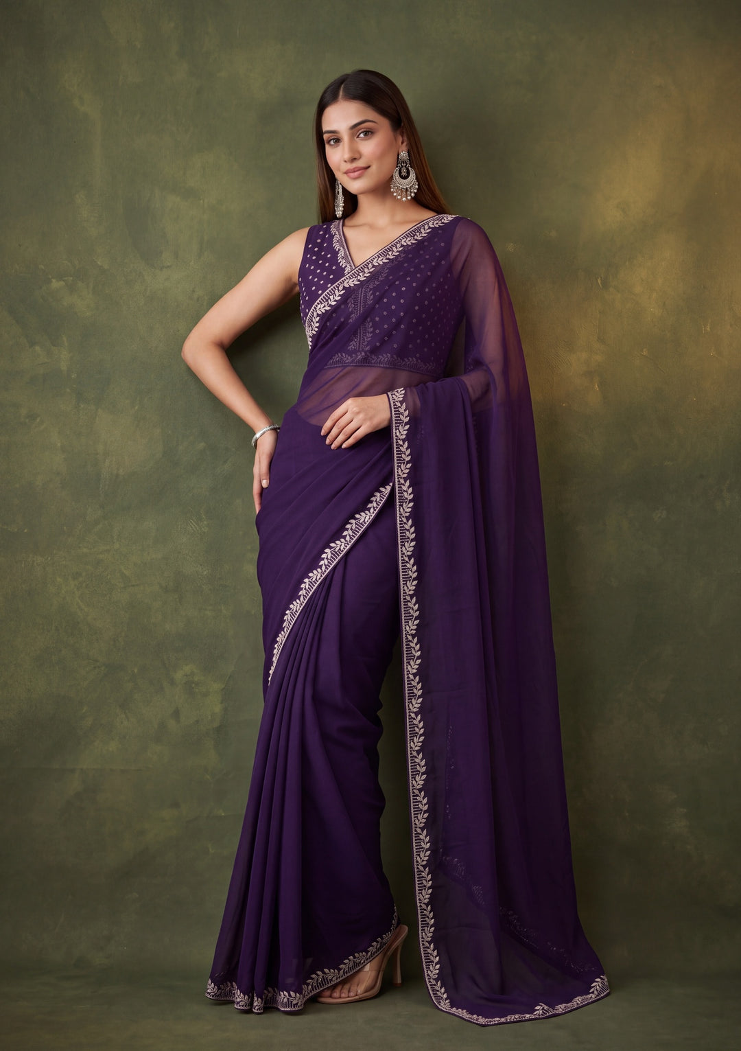 Purple Georgette Gold Stonework Saree With Matching Blouse Piece