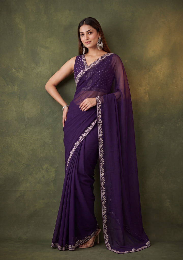Purple Georgette Gold Stonework Saree With Matching Blouse Piece
