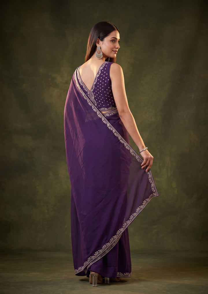 Purple Georgette Gold Stonework Saree With Matching Blouse Piece