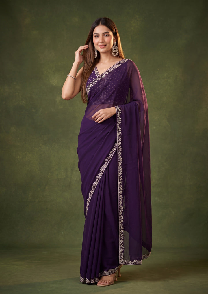 Purple Georgette Gold Stonework Saree With Matching Blouse Piece