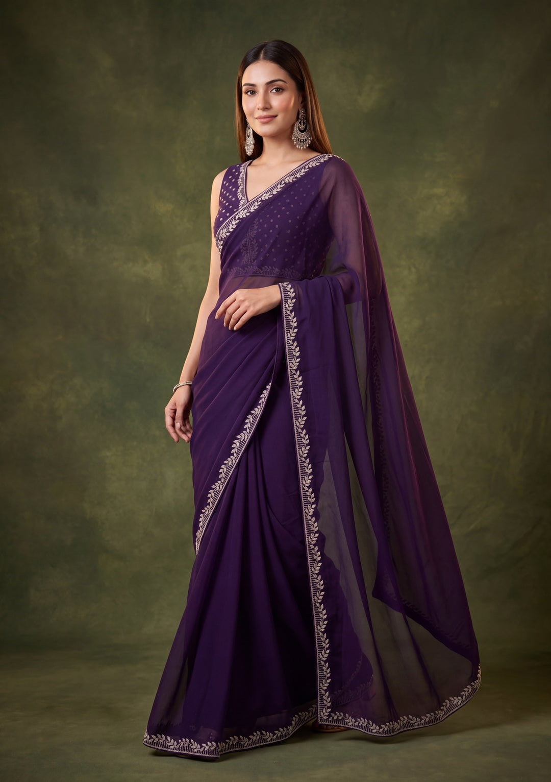 Purple Georgette Gold Stonework Saree With Matching Blouse Piece
