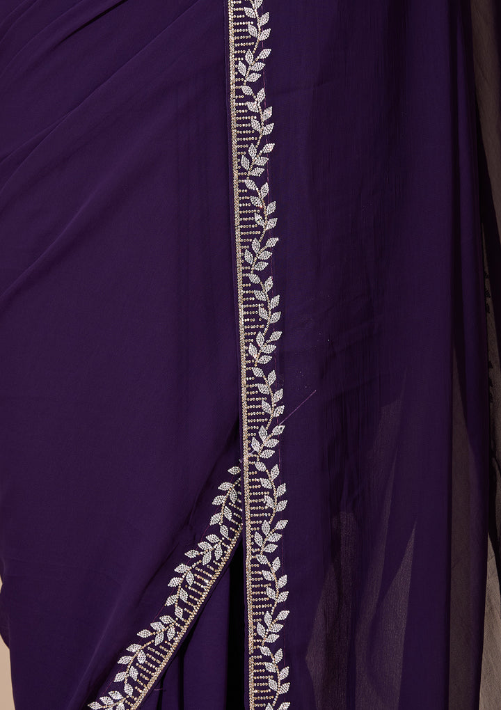 Purple Georgette Gold Stonework Saree With Matching Blouse Piece