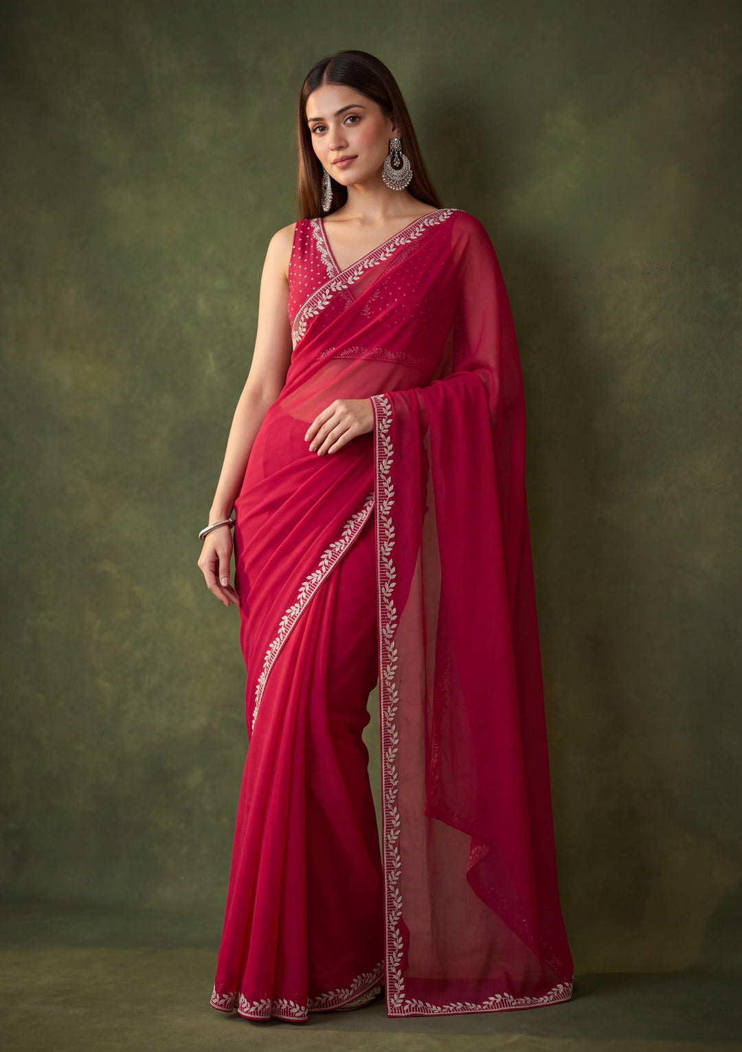Rani Pink Georgette Gold Stonework Saree With Matching Blouse Piece