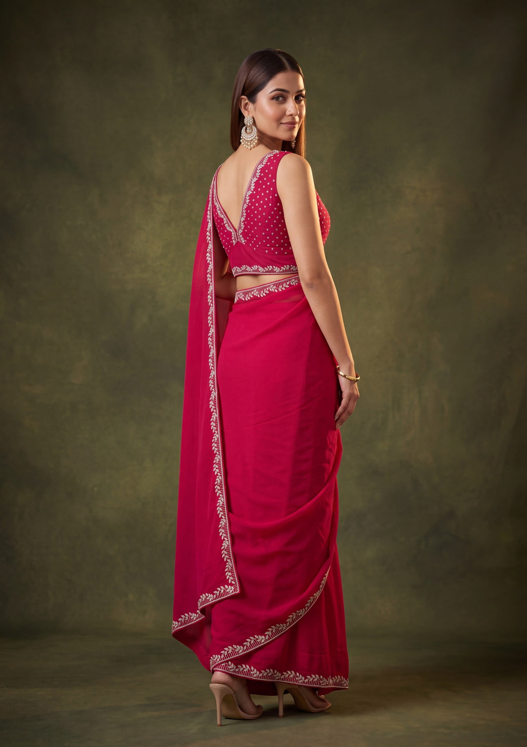 Rani Pink Georgette Gold Stonework Saree With Matching Blouse Piece