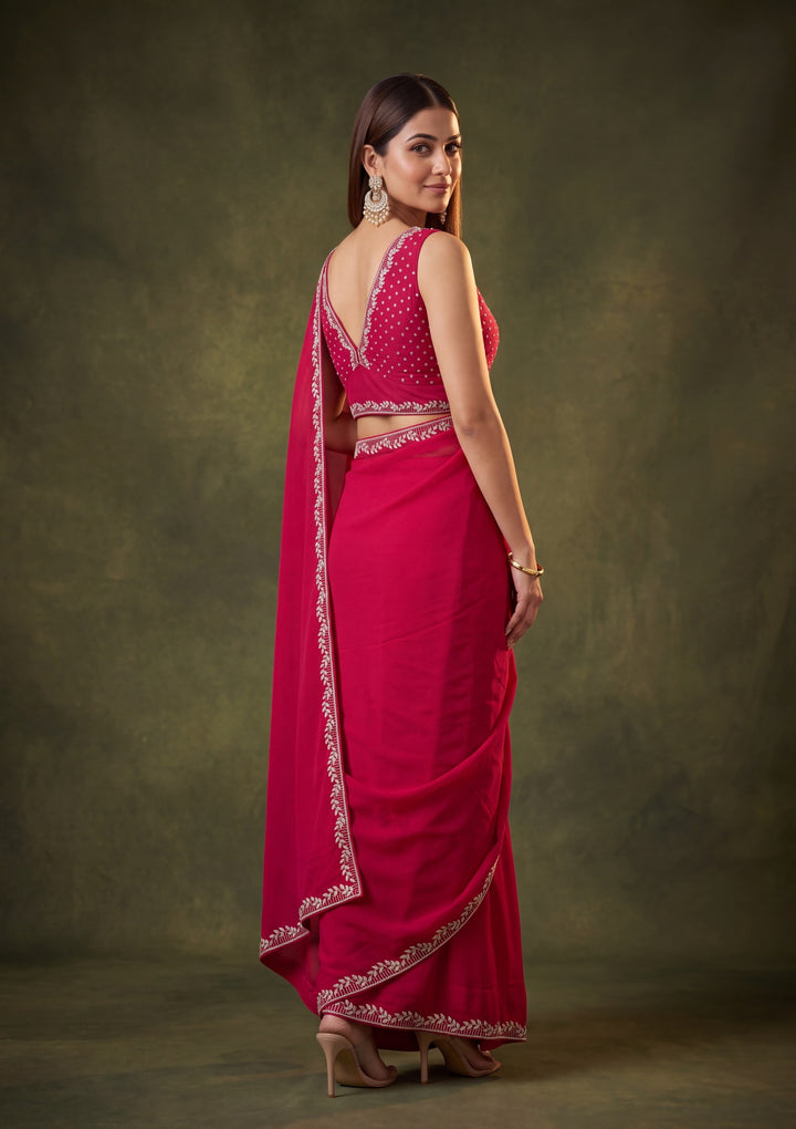 Rani Pink Georgette Gold Stonework Saree With Matching Blouse Piece