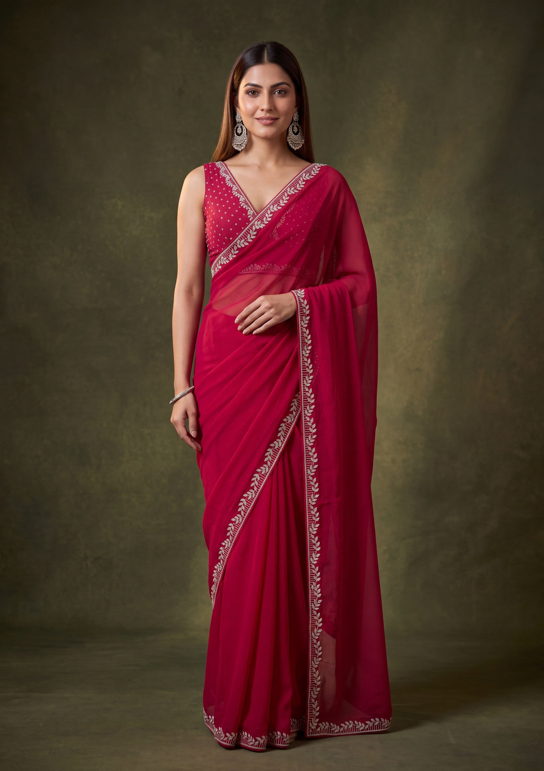Rani Pink Georgette Gold Stonework Saree With Matching Blouse Piece