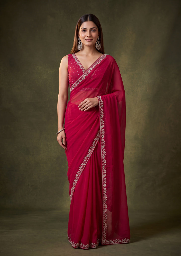 Rani Pink Georgette Gold Stonework Saree With Matching Blouse Piece