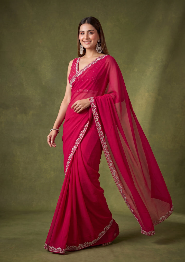 Rani Pink Georgette Gold Stonework Saree With Matching Blouse Piece