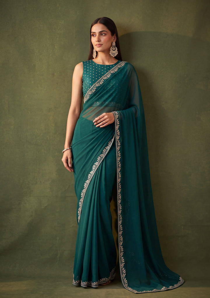 Teal Green Georgette Gold Stonework Saree With Matching Blouse Piece