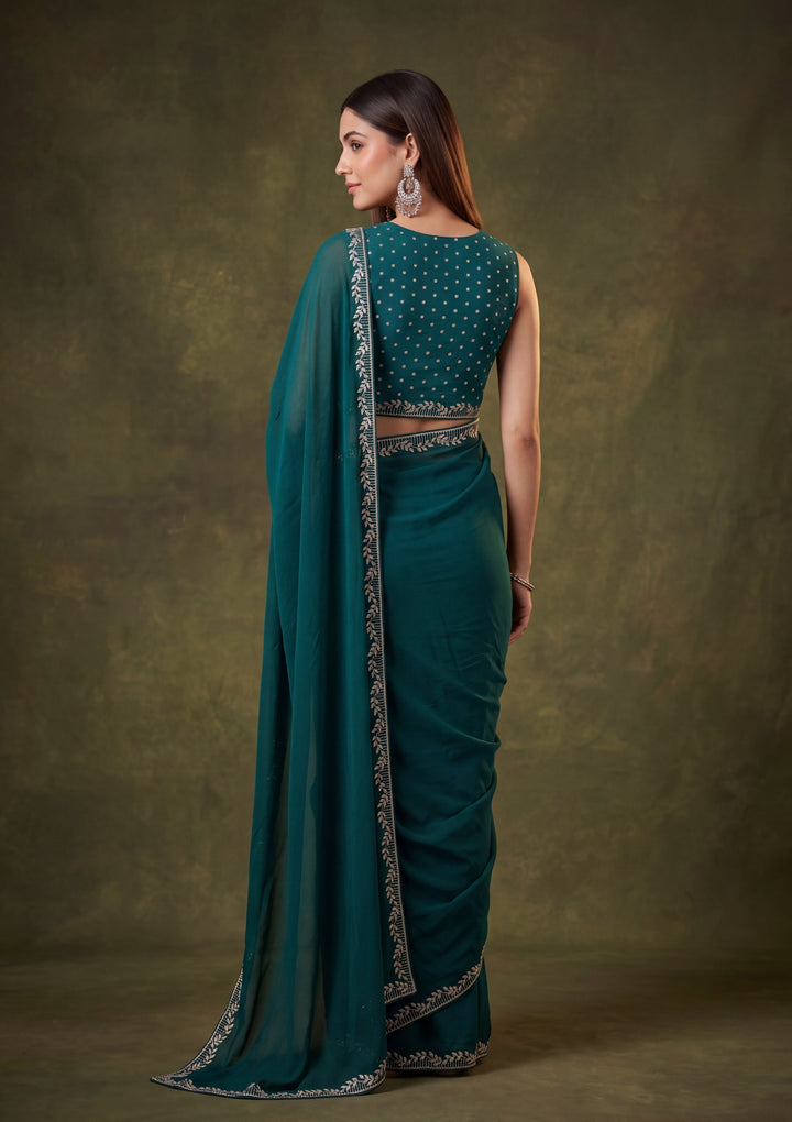 Teal Green Georgette Gold Stonework Saree With Matching Blouse Piece