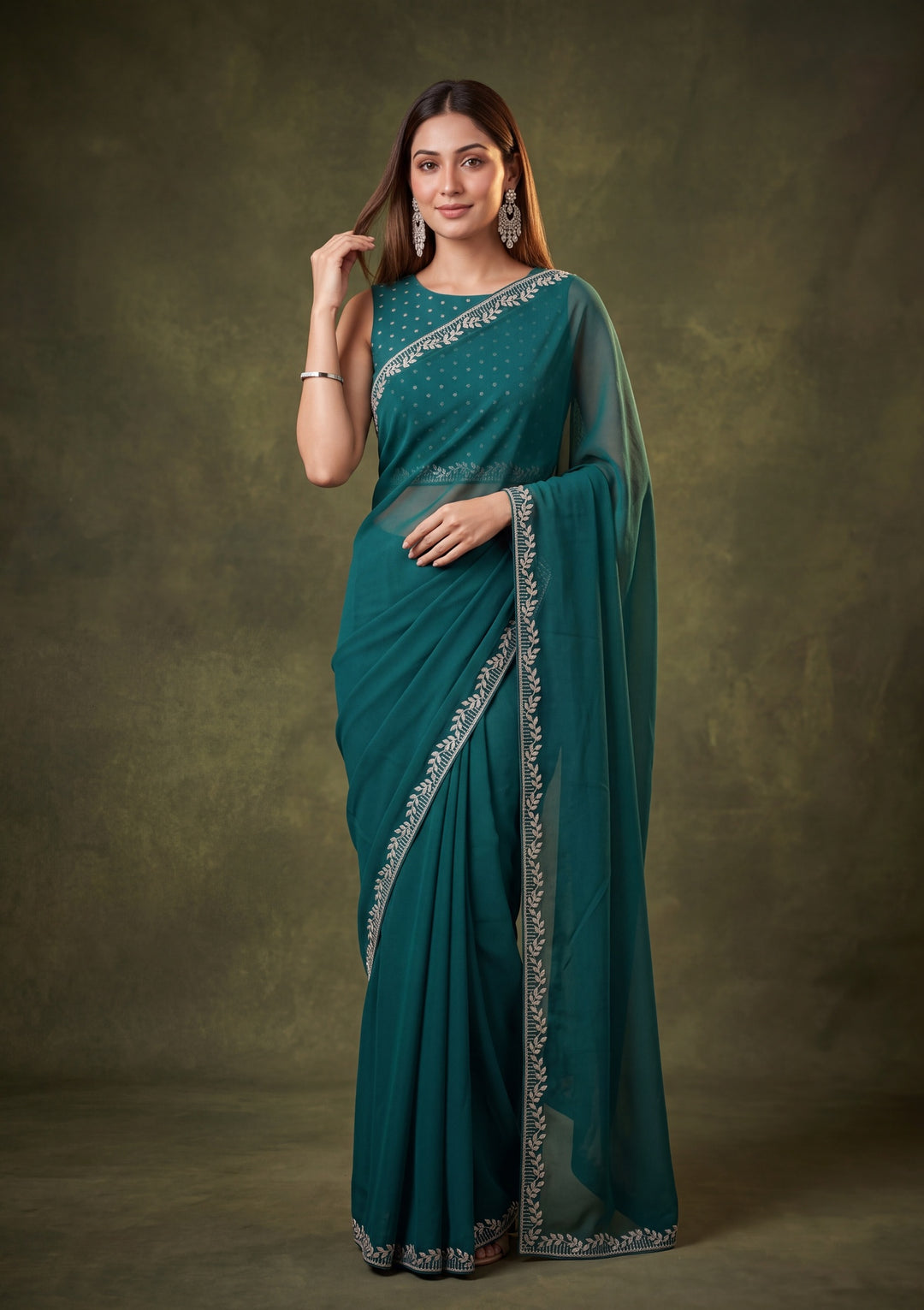 Teal Green Georgette Gold Stonework Saree With Matching Blouse Piece