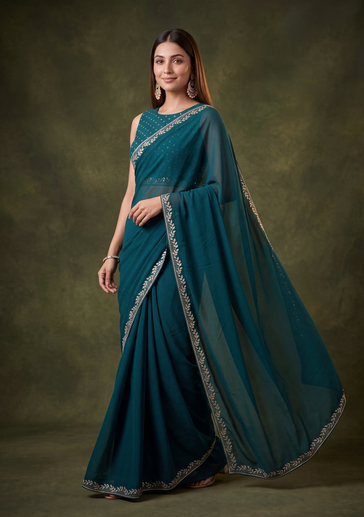 Teal Green Georgette Gold Stonework Saree With Matching Blouse Piece