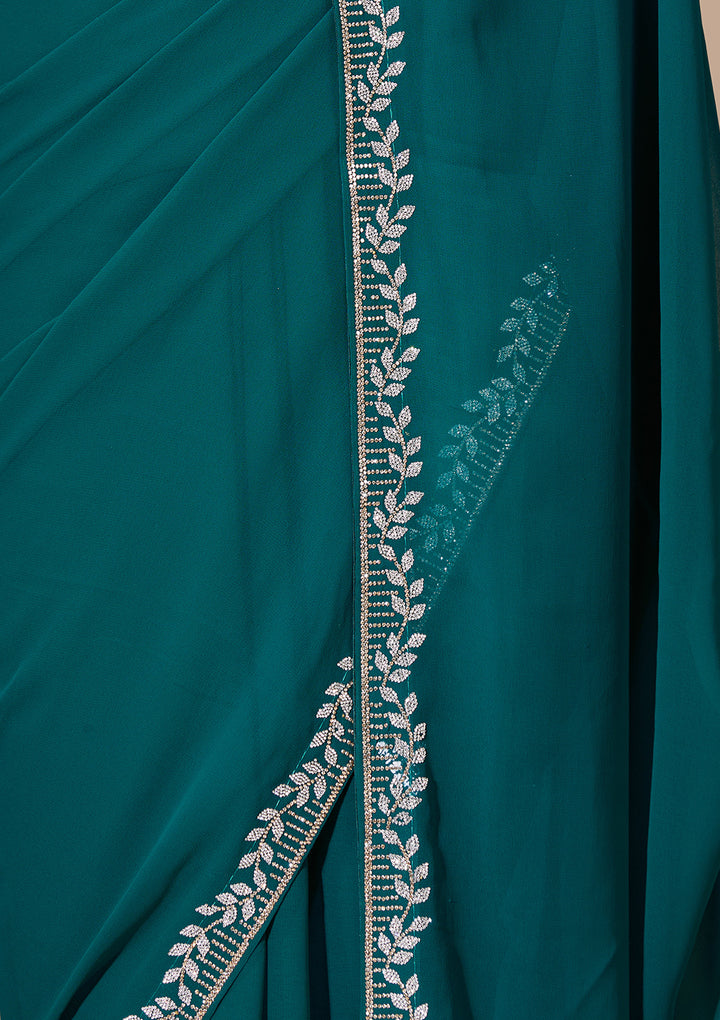 Teal Green Georgette Gold Stonework Saree With Matching Blouse Piece