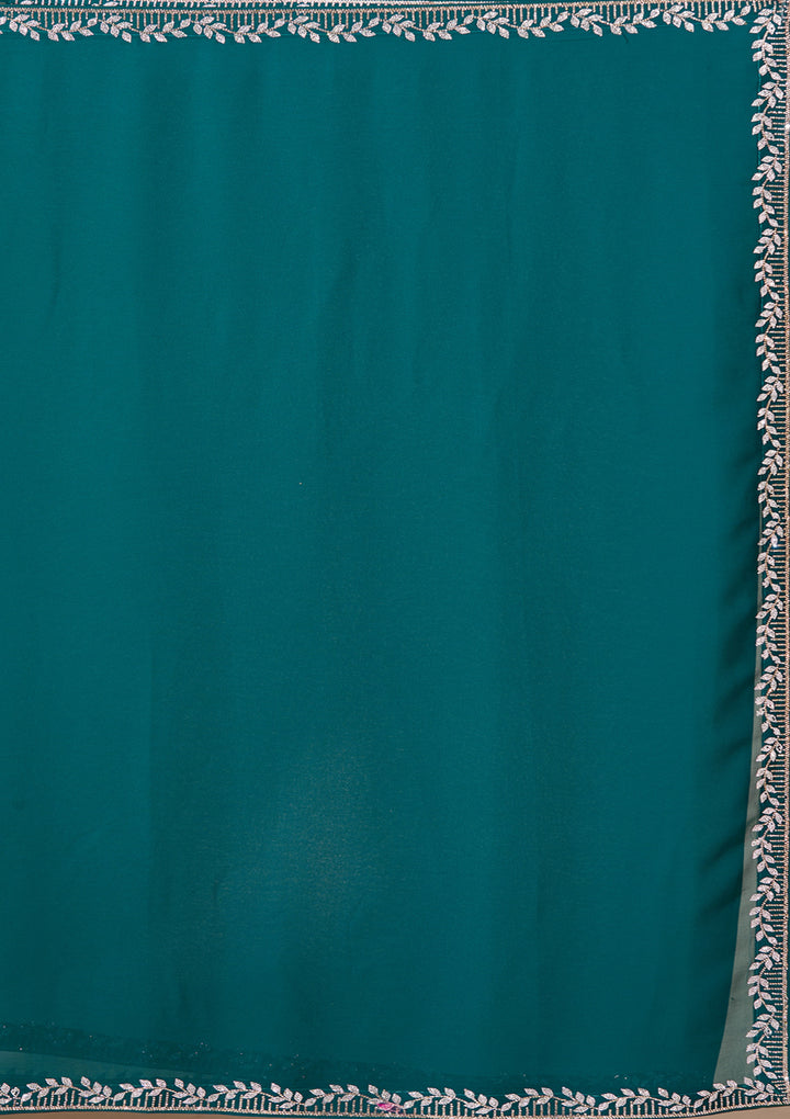 Teal Green Georgette Gold Stonework Saree With Matching Blouse Piece