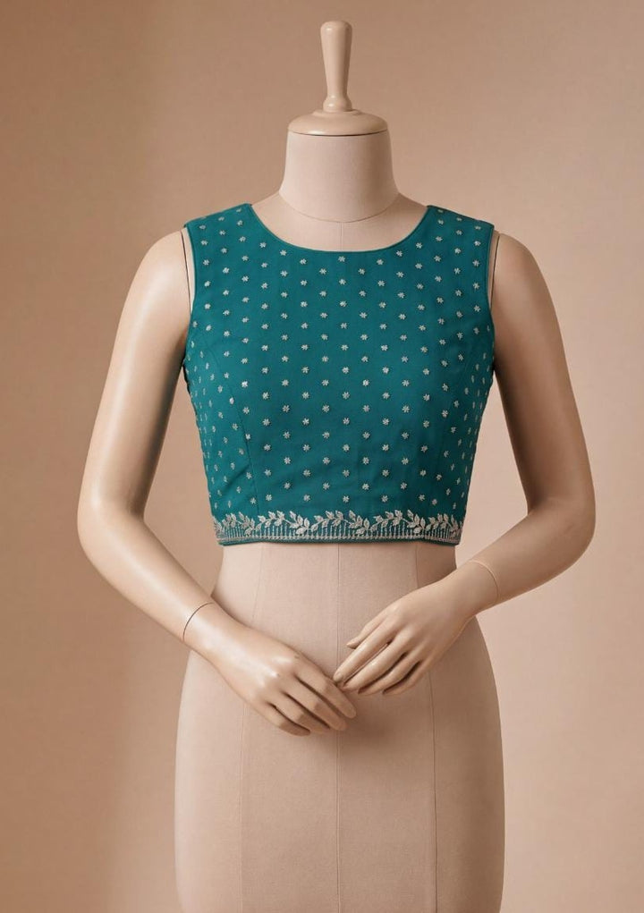Teal Green Georgette Gold Stonework Saree With Matching Blouse Piece