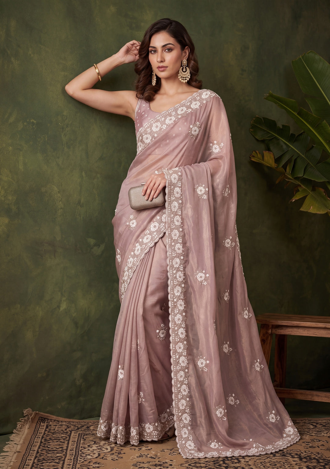 Mauve Georgette Threadwork Saree With Matching Blouse Piece