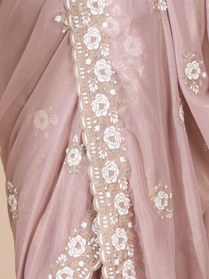 Mauve Georgette Threadwork Saree With Matching Blouse Piece