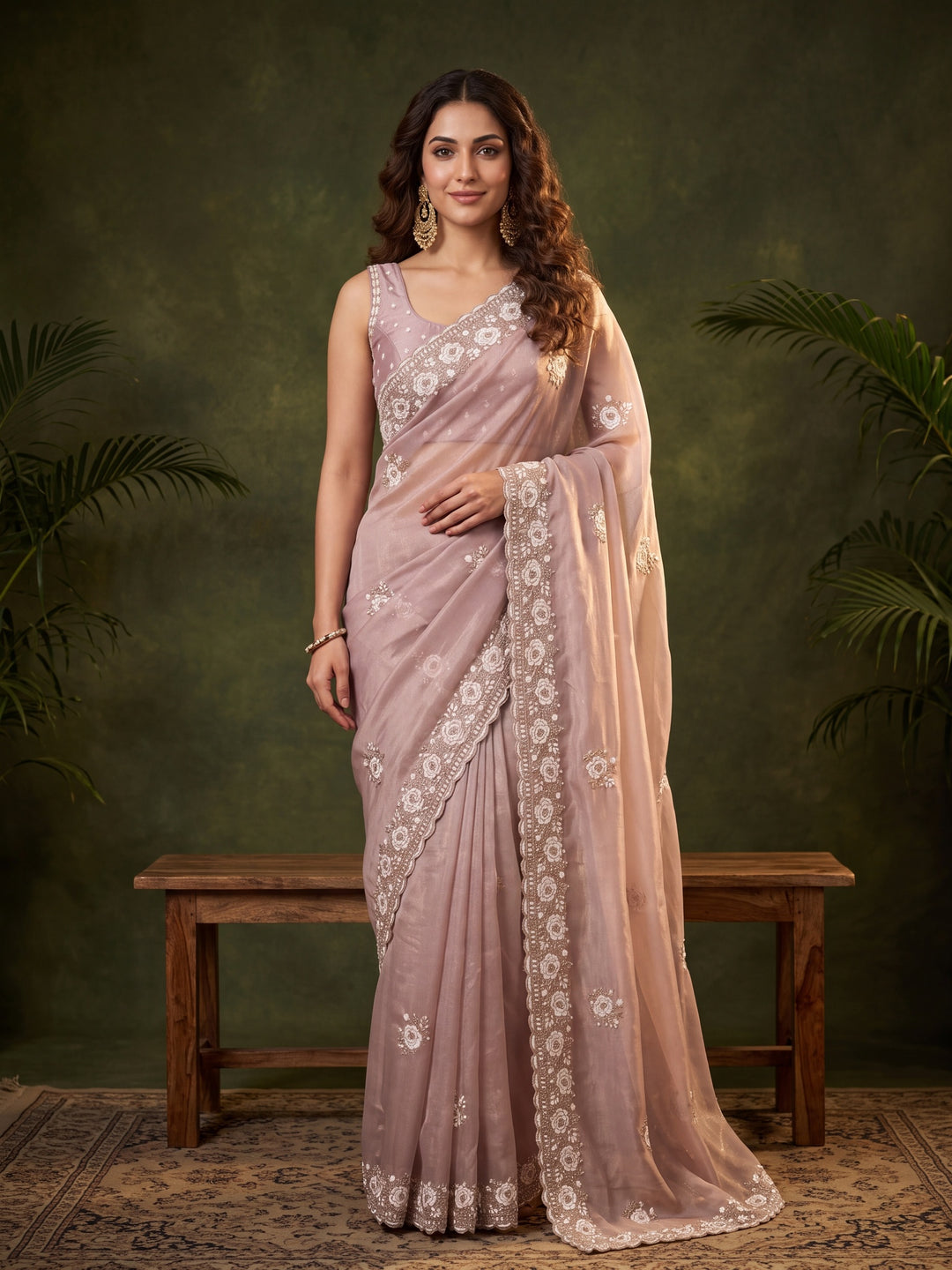 Mauve Georgette Threadwork Saree With Matching Blouse Piece