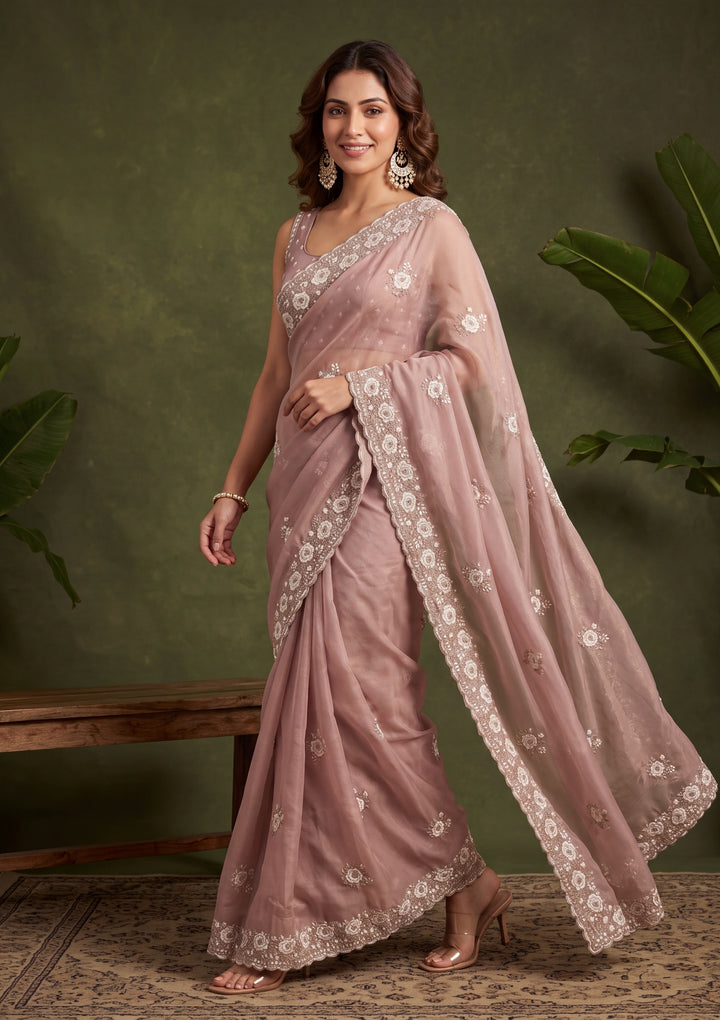 Mauve Georgette Threadwork Saree With Matching Blouse Piece