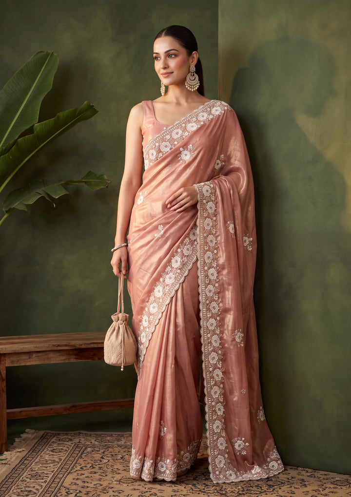 Onion Pink Georgette Threadwork Saree With Matching Blouse Piece