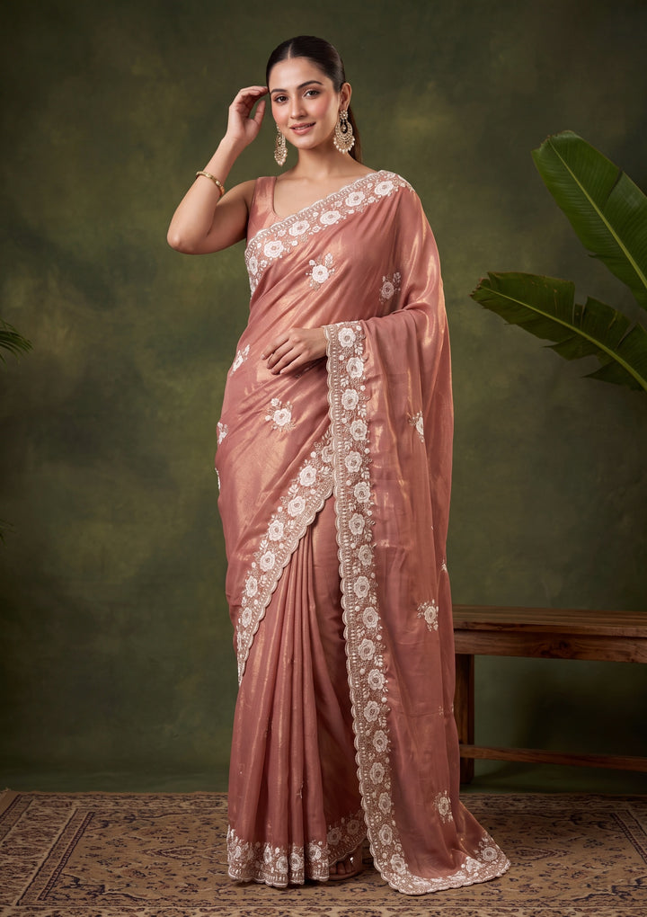Onion Pink Georgette Threadwork Saree With Matching Blouse Piece
