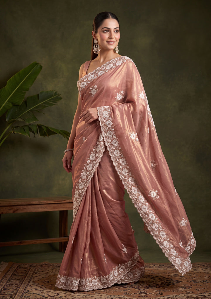 Onion Pink Georgette Threadwork Saree With Matching Blouse Piece