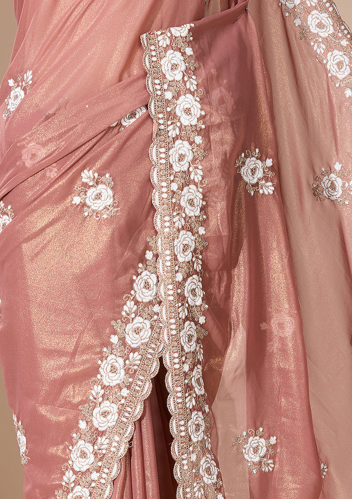 Onion Pink Georgette Threadwork Saree With Matching Blouse Piece
