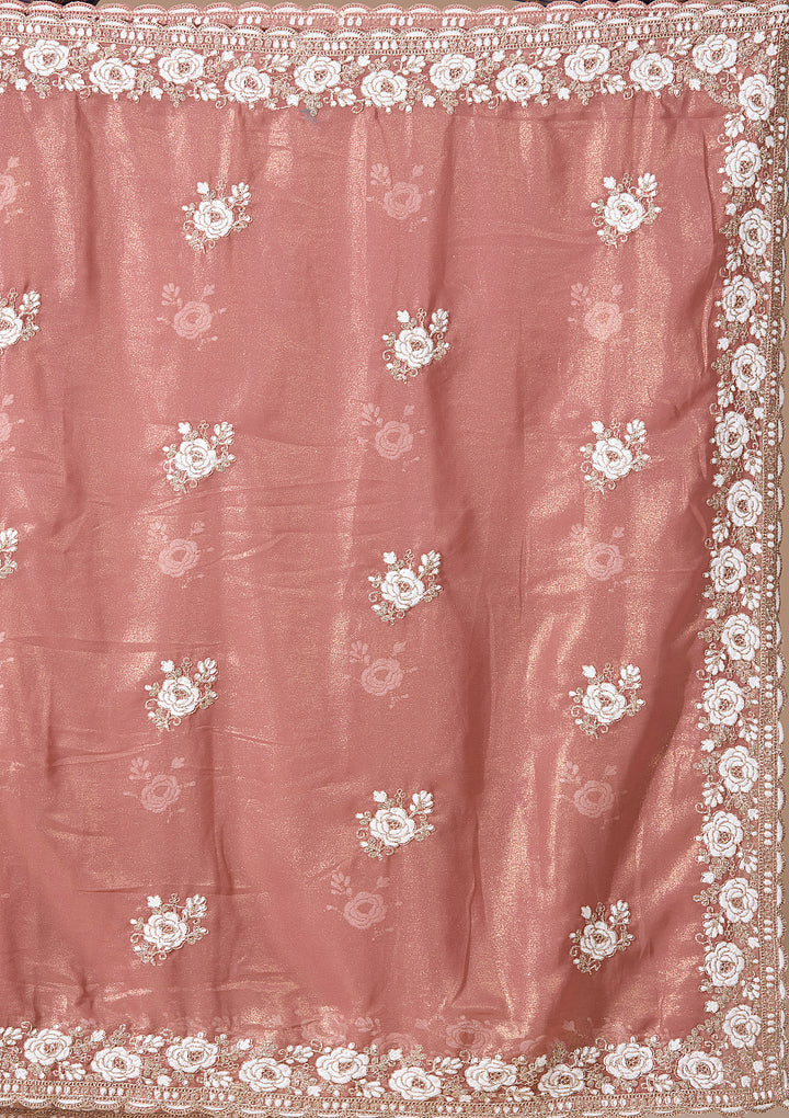 Onion Pink Georgette Threadwork Saree With Matching Blouse Piece