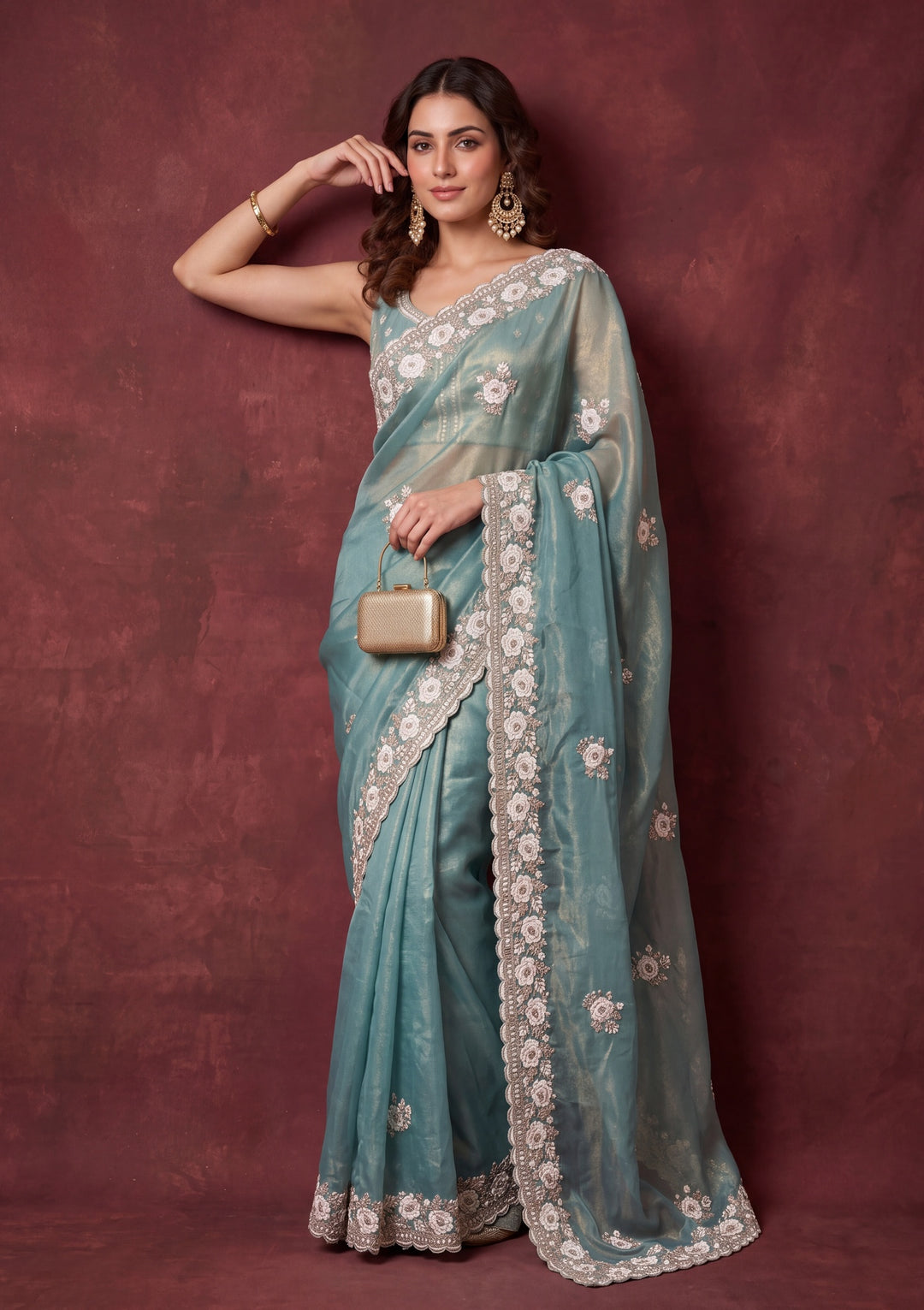 Sea Green Georgette Threadwork Saree With Matching Blouse Piece