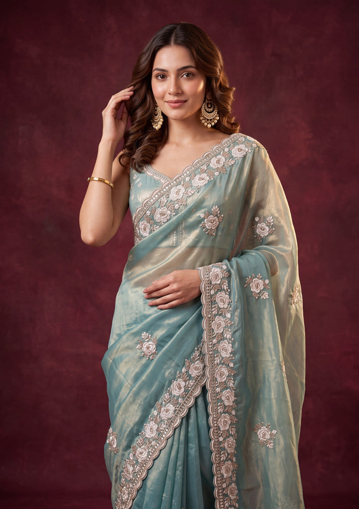 Sea Green Georgette Threadwork Saree With Matching Blouse Piece