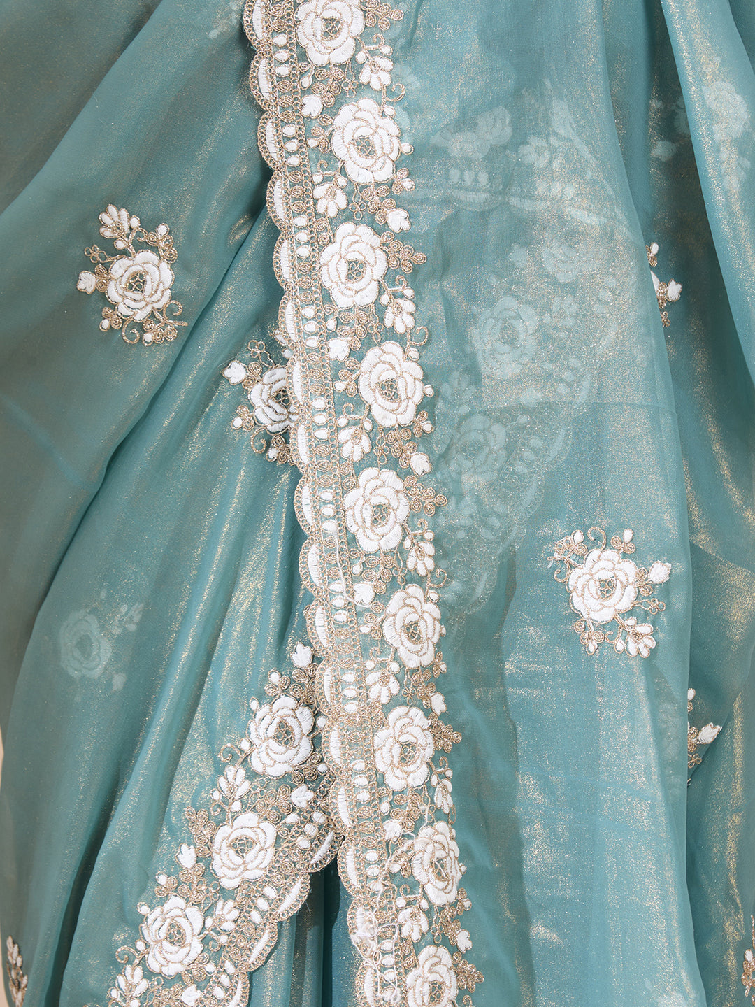 Sea Green Georgette Threadwork Saree With Matching Blouse Piece