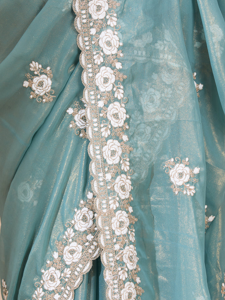 Sea Green Georgette Threadwork Saree With Matching Blouse Piece