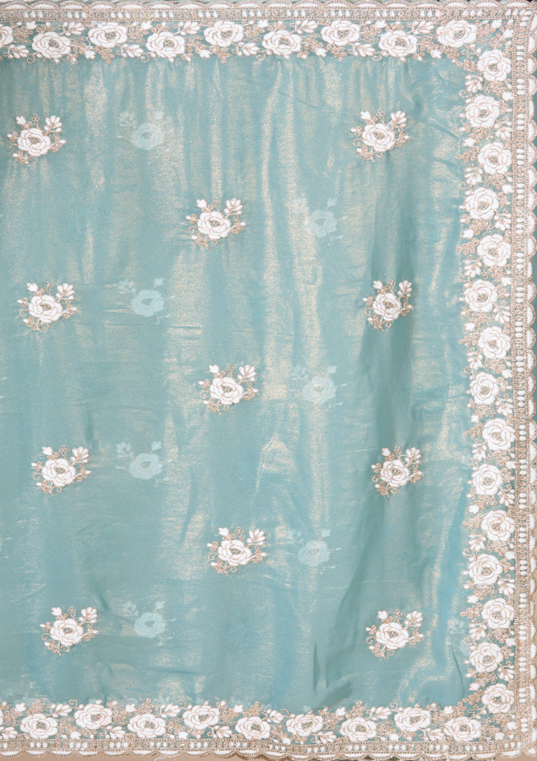 Sea Green Georgette Threadwork Saree With Matching Blouse Piece