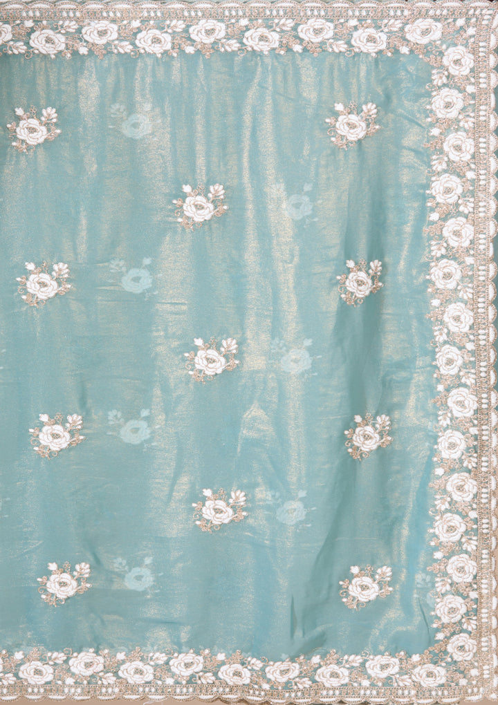 Sea Green Georgette Threadwork Saree With Matching Blouse Piece
