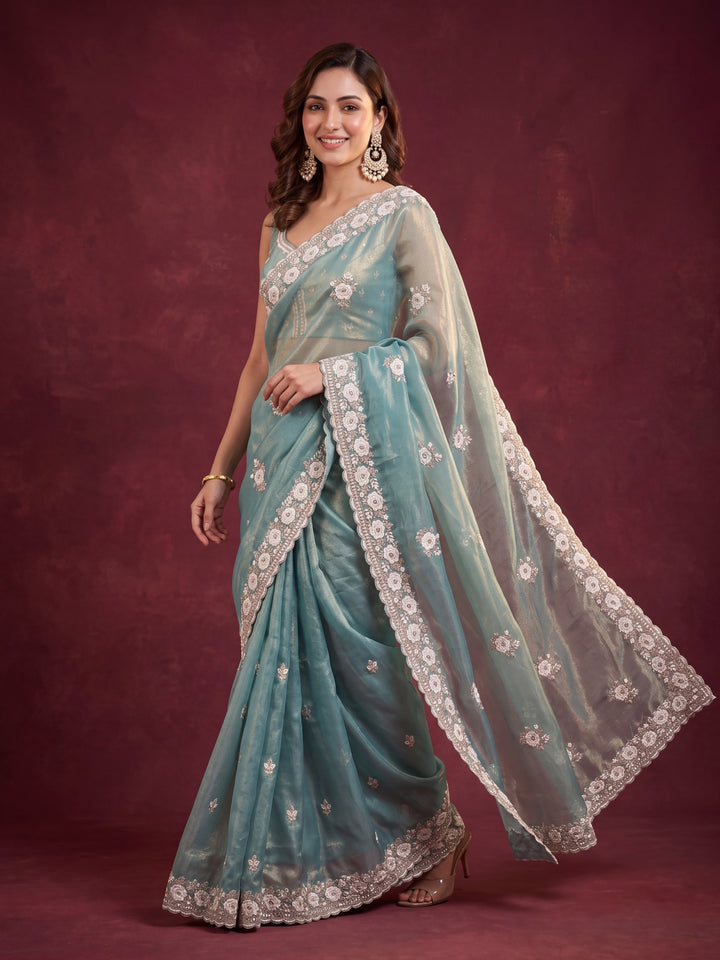 Sea Green Georgette Threadwork Saree With Matching Blouse Piece