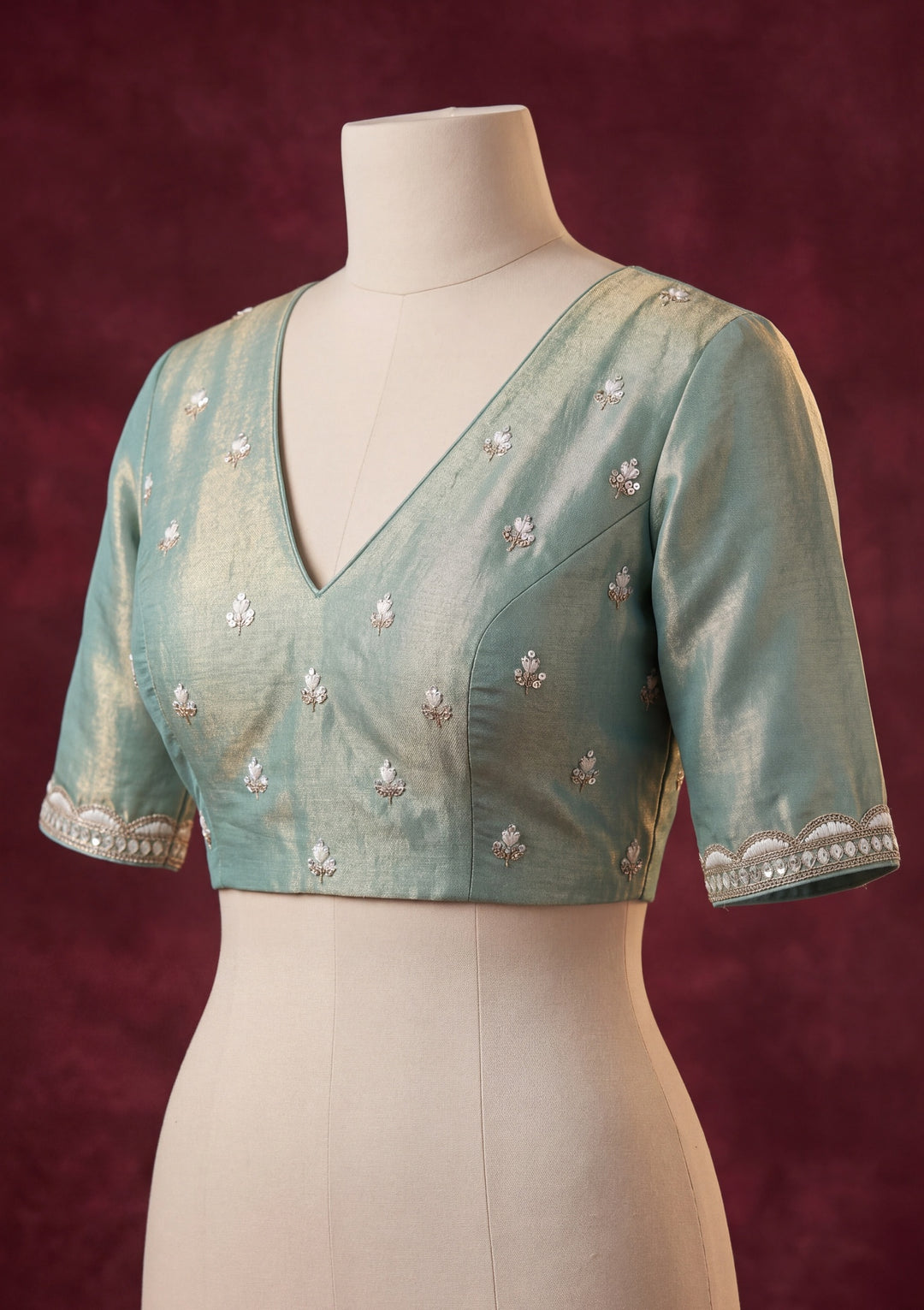 Sea Green Georgette Threadwork Saree With Matching Blouse Piece