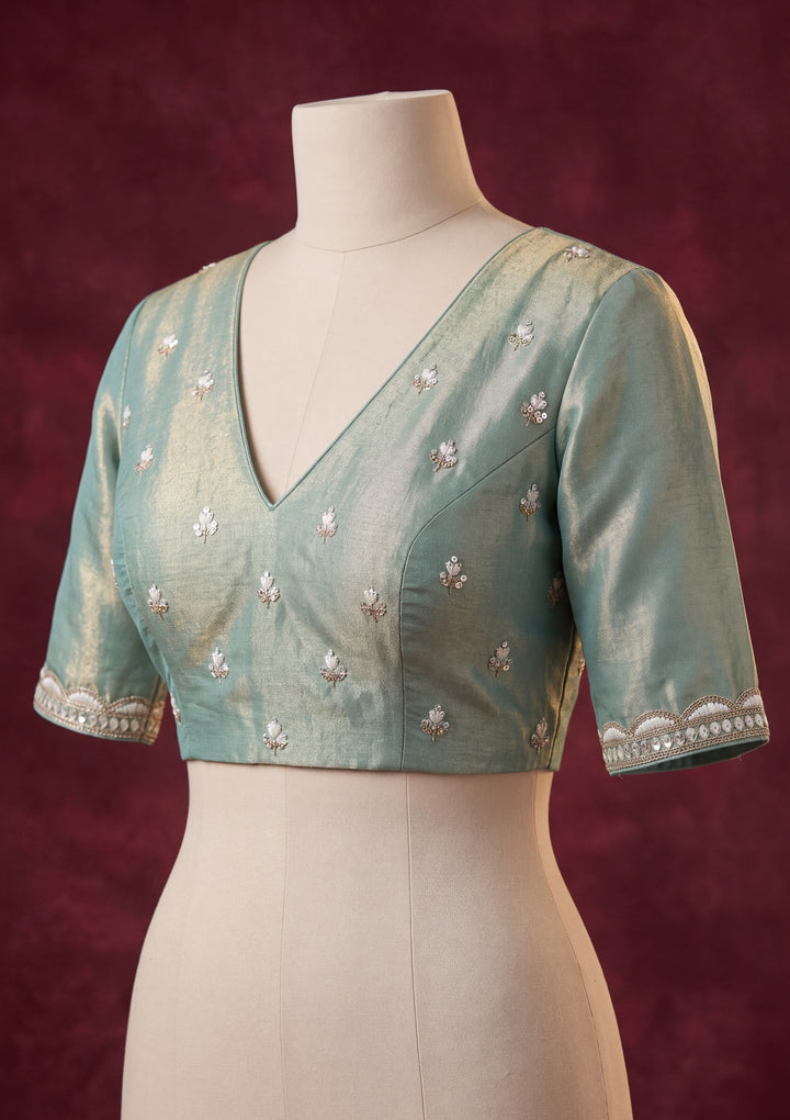 Sea Green Georgette Threadwork Saree With Matching Blouse Piece
