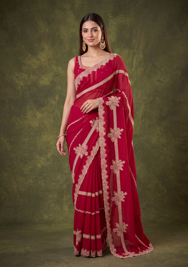 Rani Pink Satin Gold Zariwork Saree With Matching Blouse Piece