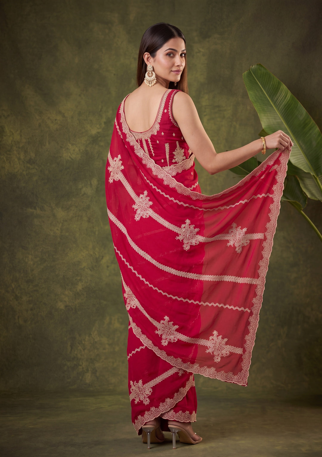 Rani Pink Satin Gold Zariwork Saree With Matching Blouse Piece