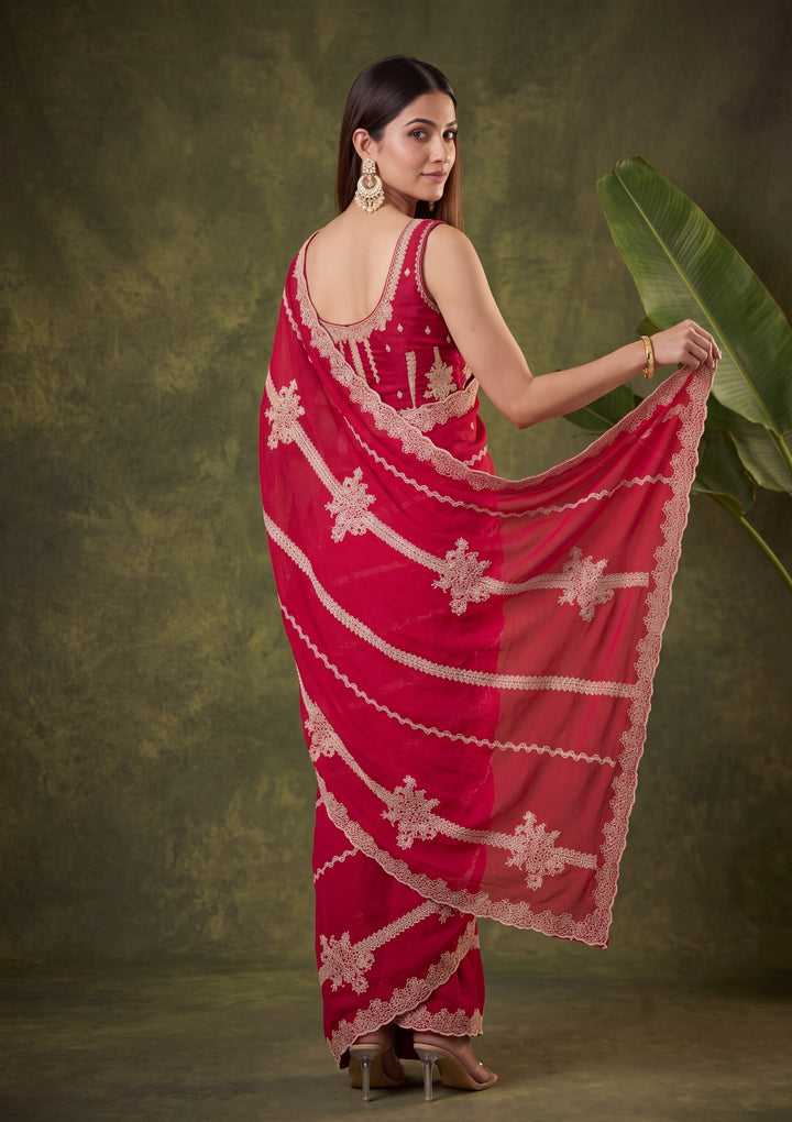 Rani Pink Satin Gold Zariwork Saree With Matching Blouse Piece