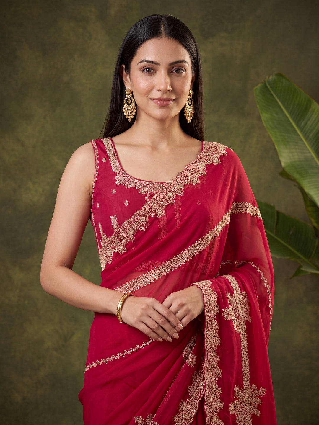 Rani Pink Satin Gold Zariwork Saree With Matching Blouse Piece